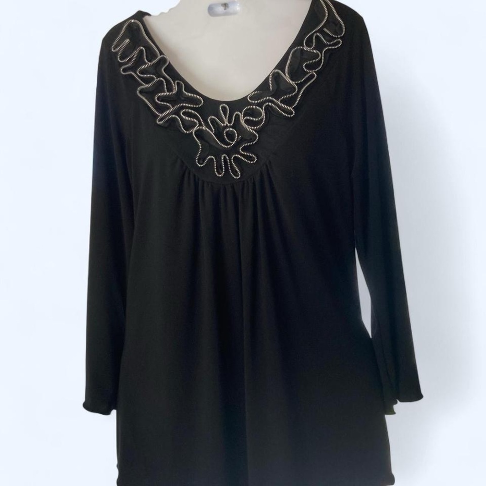 Black Tunic with silver Embroidery Long sleeve Top New Directions L
